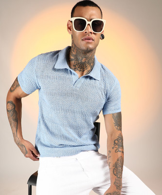 CAMPUS SUTRA Self Design Men Polo Neck Blue T-Shirt