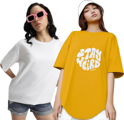 R S Fashion Printed Women Round Neck White, Yellow T-Shirt