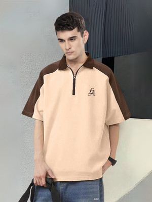 Jump Cuts Solid Men Polo Neck Beige, Brown T-Shirt