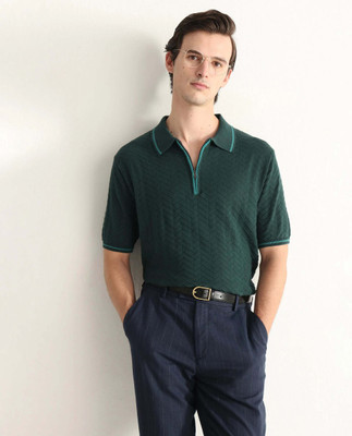 RARE RABBIT Self Design Men Polo Neck Green T-Shirt