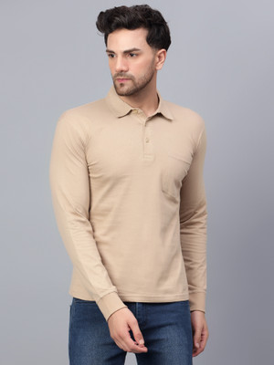 Fleximaa Solid Men Polo Neck Beige T-Shirt