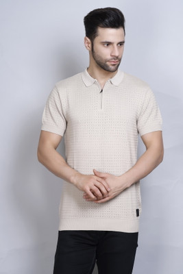 PULAKIN Self Design Men Polo Neck Beige T-Shirt