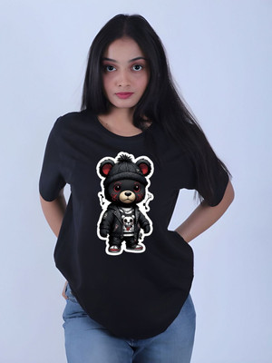 Moda Rapido Self Design Women Round Neck Black T-Shirt