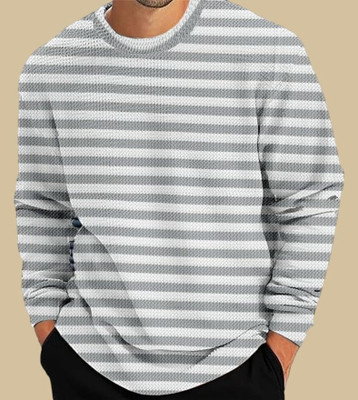 ABHYAMM Striped Men Round Neck Grey T-Shirt
