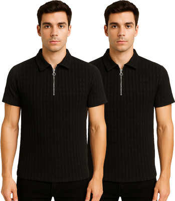 KEOTI Self Design Men Zip Neck Black T-Shirt