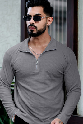 HOODLER Solid Men Polo Neck Grey T-Shirt