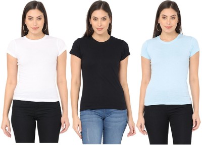 Crepeon Solid Women Round Neck Light Blue, White, Black T-Shirt