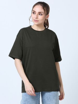 Silisoul Solid Women Round Neck Dark Green T-Shirt