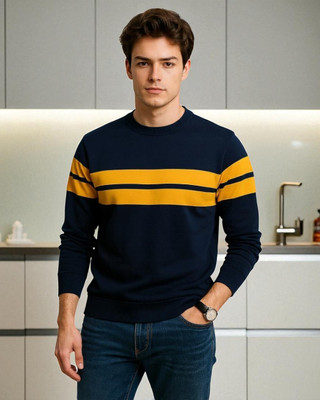 Autna Striped Men Round Neck Navy Blue T-Shirt