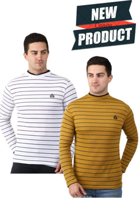 Tiki Tees Striped Men Round Neck Black, Yellow, White T-Shirt
