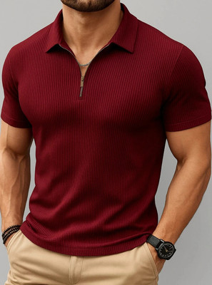 TAZO Solid Men Polo Neck Maroon T-Shirt