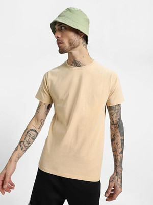 Adnikezed Solid Men Round Neck Beige T-Shirt