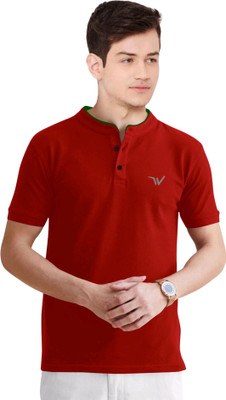 click n buy Solid, Printed Men Mandarin Collar Red T-Shirt
