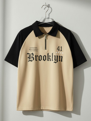 Jump Cuts Typography Men Polo Neck Beige, Black T-Shirt