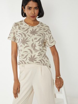 MAX Printed Women Round Neck Beige T-Shirt