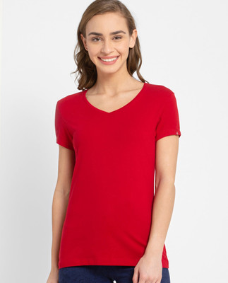 JOCKEY Solid Women V Neck Red T-Shirt
