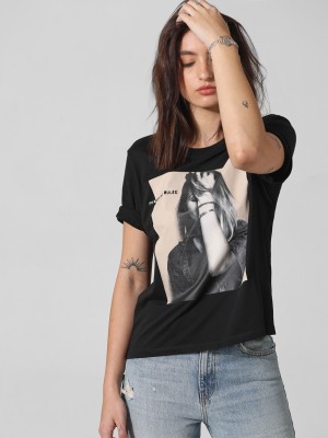 ONLY Printed Women Round Neck Black T-Shirt