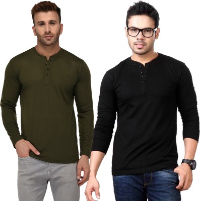 PHINSTAR Solid Men Henley Neck Black, Dark Green T-Shirt