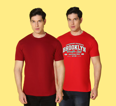 WOOSTRO Printed, Solid Men Round Neck Red T-Shirt