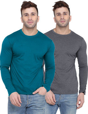 Kroptee Solid Men Round Neck Blue, Grey T-Shirt