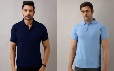 Silver Swan Solid Men Polo Neck Dark Blue, Light Blue T-Shirt