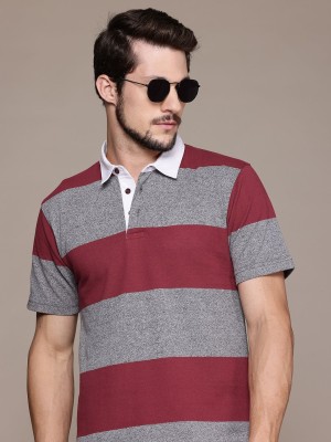 Roadster Striped Men Polo Neck Maroon T-Shirt