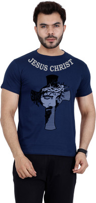 DBees Printed Men Round Neck Navy Blue T-Shirt