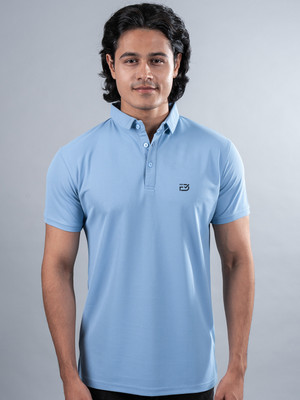 FDREDO Solid Men Polo Neck Blue T-Shirt
