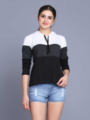 LIAK Colorblock Women Hooded Neck White, Black, Grey T-Shirt