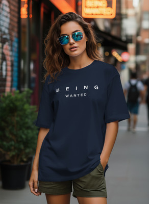 BEING WANTED Printed Women Round Neck Navy Blue T-Shirt