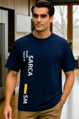 FASHIUM Printed Men Round Neck Navy Blue T-Shirt