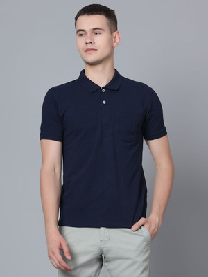 CANTABIL Solid Men Polo Neck Navy Blue T-Shirt