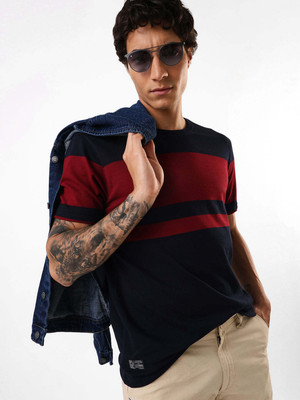 Dennis Lingo Colorblock Men Round Neck Dark Blue T-Shirt