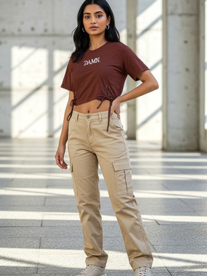 Glitchez Self Design Women Round Neck Brown T-Shirt