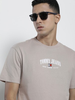 TOMMY HILFIGER Embroidered Men Round Neck Beige T-Shirt