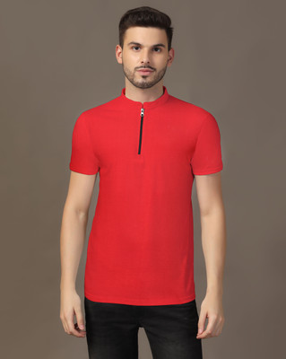 GEUM Solid Men Mandarin Collar Red T-Shirt
