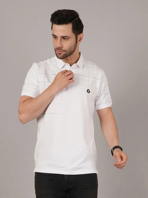 DAVNO Checkered Men Polo Neck White T-Shirt