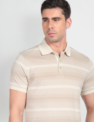 ARROW Striped Men Polo Neck Beige T-Shirt