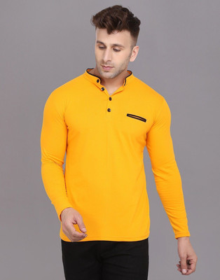 Blisstone Solid Men Mandarin Collar Yellow T-Shirt