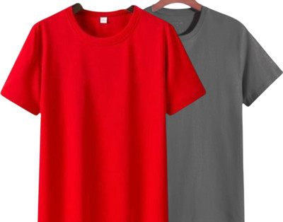 P collection Solid Men Round Neck Red, Grey T-Shirt