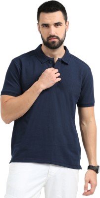 NAUGHTY WILD Solid Men Polo Neck Navy Blue T-Shirt