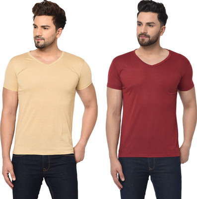 Adorbs Trend Solid Men V Neck Beige, Maroon T-Shirt