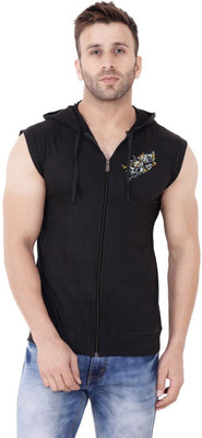 GEUM Graphic Print Men Hooded Neck Black T-Shirt