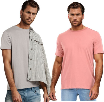 BlueFicus Solid Men Round Neck Grey, Pink T-Shirt