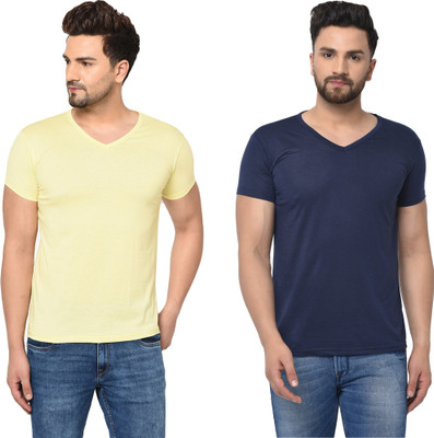 Adorbs Trend Solid Men V Neck Yellow, Blue T-Shirt