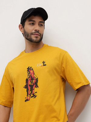 Roadster Printed Men Round Neck Yellow T-Shirt