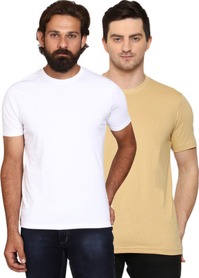 AODACH Solid Men Round Neck White, Beige T-Shirt