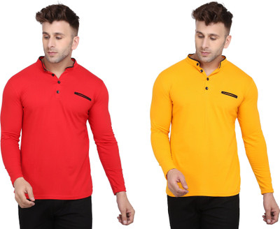 Blisstone Solid Men Mandarin Collar Red, Yellow T-Shirt
