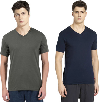 JOCKEY Solid Men V Neck Dark Green, Dark Blue T-Shirt