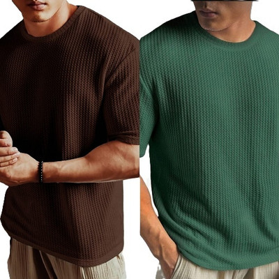 SR Fashion Self Design Men Round Neck Brown, Dark Green T-Shirt
